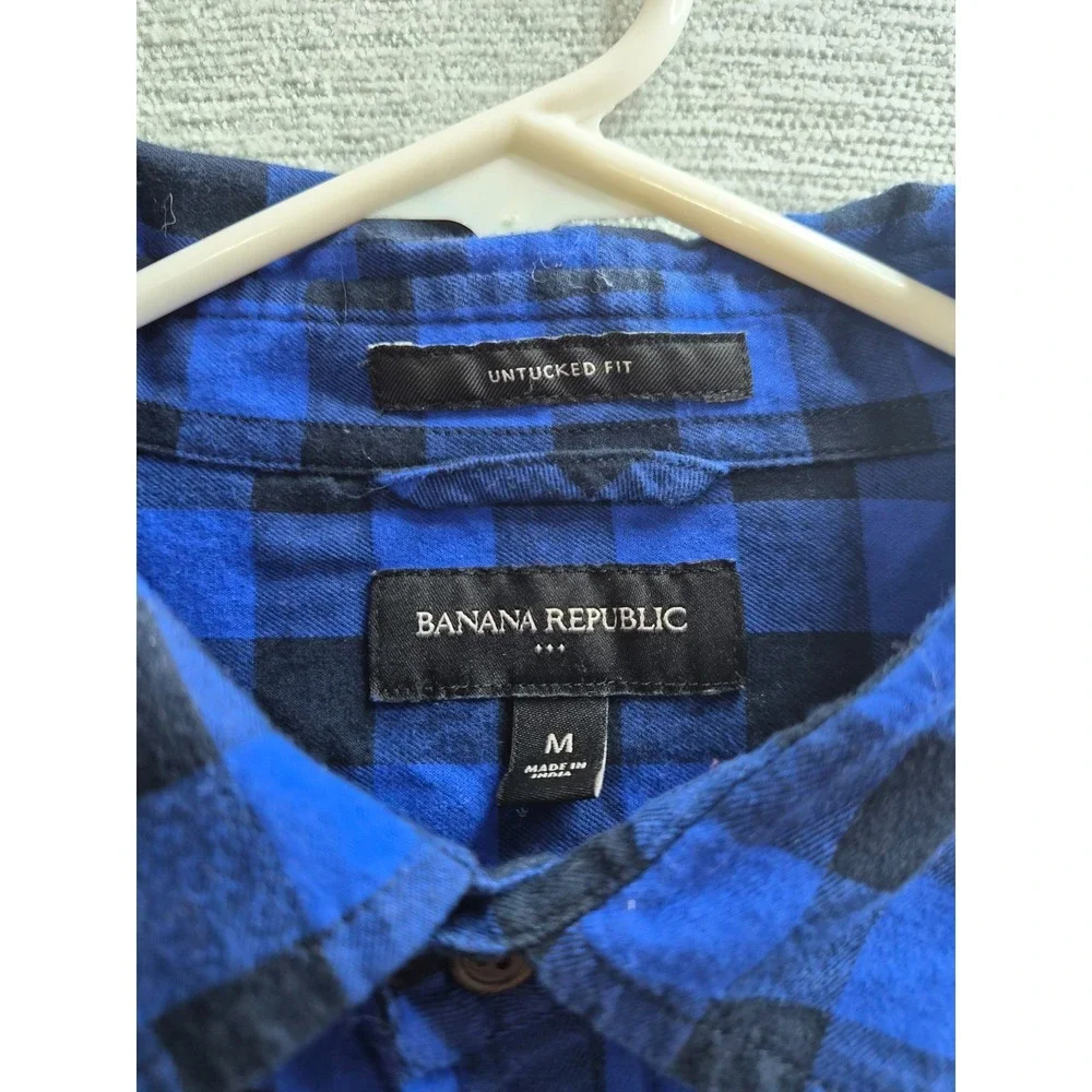 Banana Republic Shirt Men Medium Blue Black Buffalo Check Untucked Fit Button UP